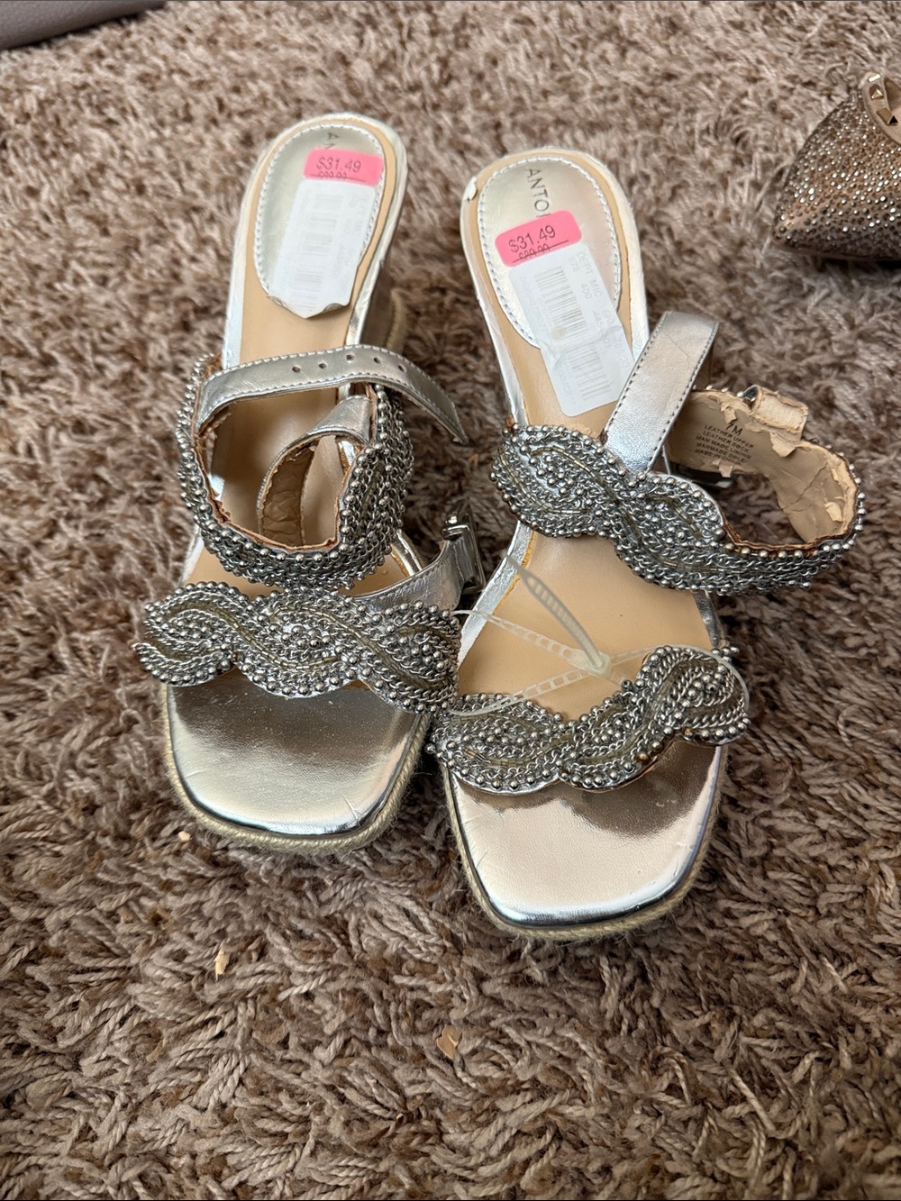 ANTONIO MELANI Silver Beaded Open-Toe Sandals